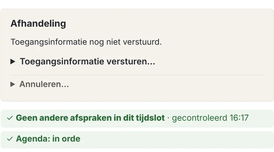 Afhandeling van een definitieve reservering, met de controle 'Geen andere afspraken in dit tijdslot' en 'Agenda: in orde'.
